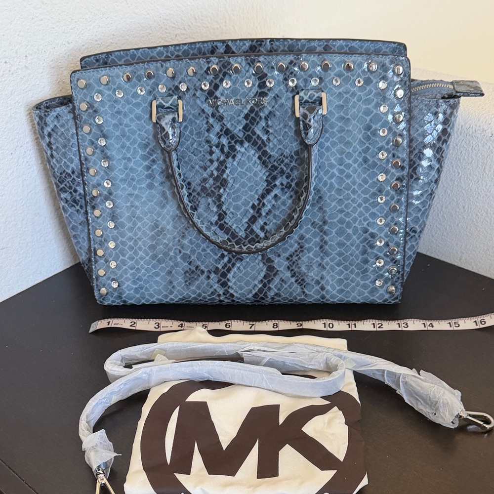 Michael Kors Blue Snake Print Satchel with Studs